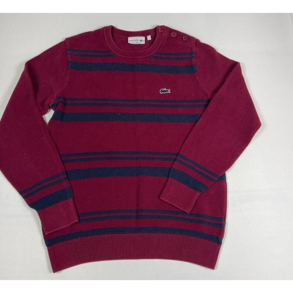 Lacoste Women 4 Medium Maroon Burgundy Navy Blue Striped V-Neck Cotton Sweater